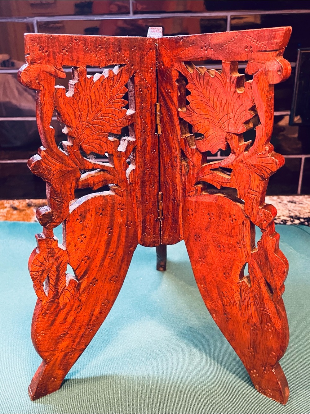 Beautiful hand carved wooden plant stand with floral motif and 3 legs